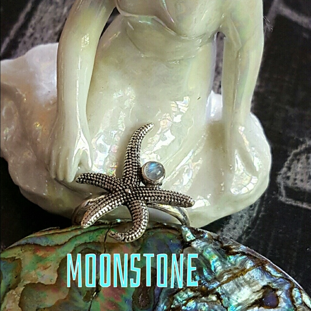 Brilliant Moonstone Starfish Ring Sterling